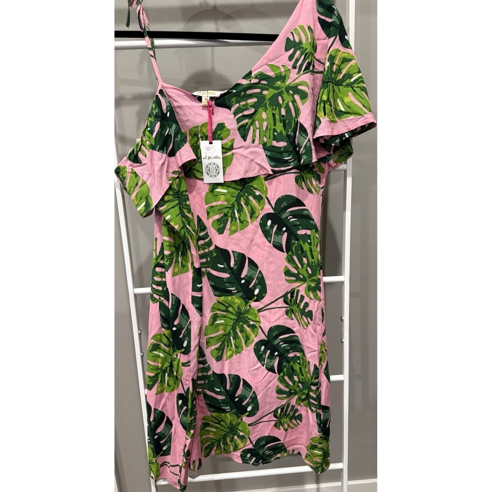all‎ for color Pink Green Tropical Floral One Shoulder knee Dress Preppy Coastal